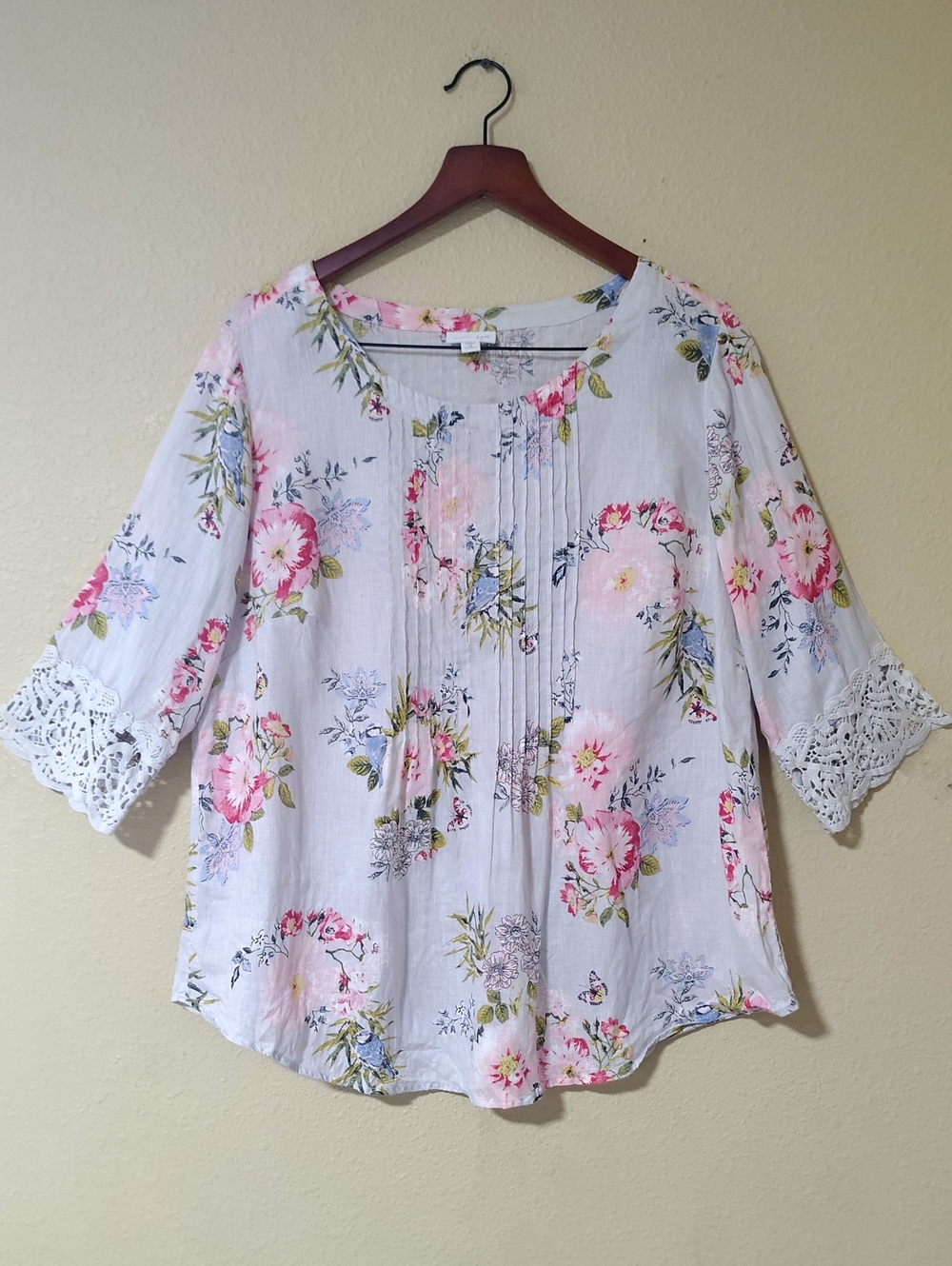 Love Linen J Jill 100% Linen Floral Embroidered 3/4 Sleeves Relaxed Top Size 1X